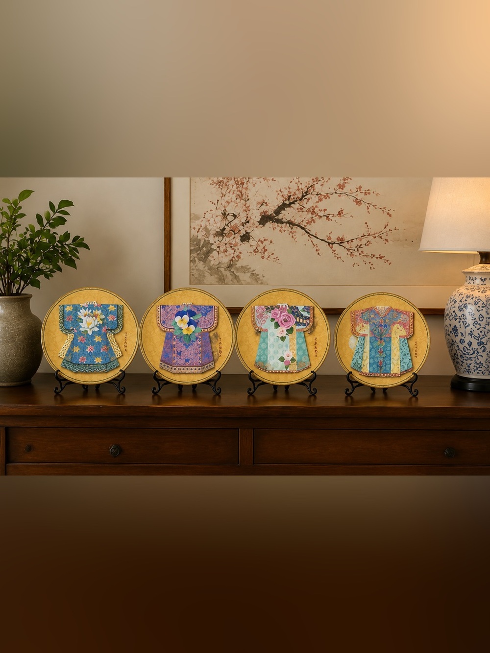 New in Box- Punch Studio Kimono Porcelain Plate Set in Red, Aqua, Blue & Purple